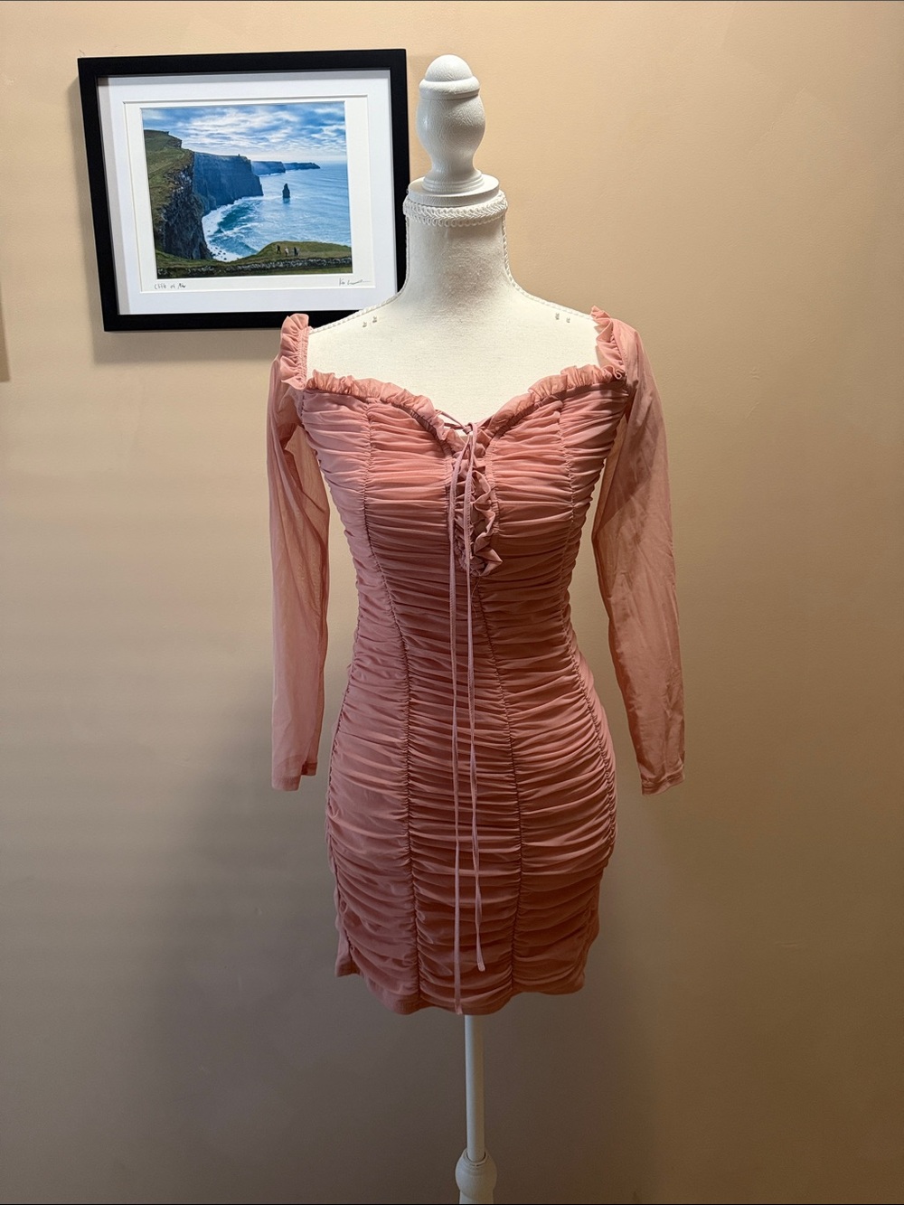 Fashion Nova Dusty Rose Off-Shoulder Ruched Mesh Dress